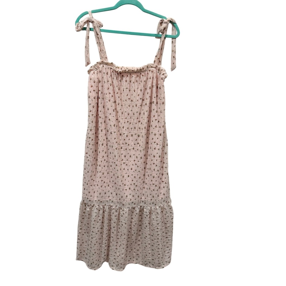 Doe and Rae Pink Floral Smocked Tie Shoulder Midi Dress Small 2869TD
